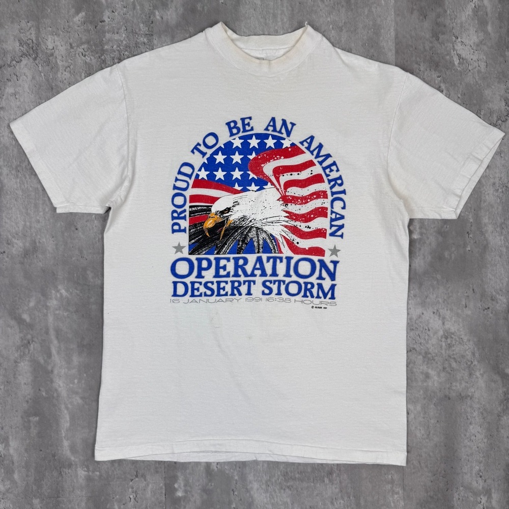Vintage‎ Operation Desert Storm T-Shirt Mens L White Single Stitch USA Saddam